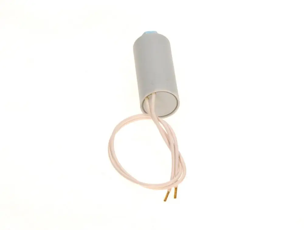 Kondensator von Bosch, zylindrische Form mit zwei Anschlussdrähten in beige, zur Verwendung in elektrischen Geräten oder Maschinen.